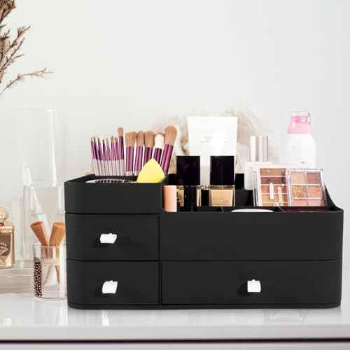 Makeup Organizer for Vanity, Large Countertop Organizer with Drawers, Cosmetics Storage for Skin Care, Brushes, Eyeshadow, Lotions, Lipstick,Nail Polish.Great for Dresser, Bathroom, Bedroom, Black