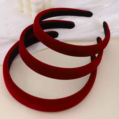 AUDTOPE 3Pcs Headbands for Women, Red Velvet Head Bands for Women's Hair Solid Soft Plain Hairband No Teeth Head Bands Cute Hair Accessories for Women