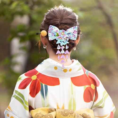 1pcs Japanese Style Hair Clips, Bowknot Tassel Hair Accessories Flower Kimono Traditional Hairpins Barrette Cherry Blossom Hair Clamp Bride Hanfu Accessory for Womens (Blue)