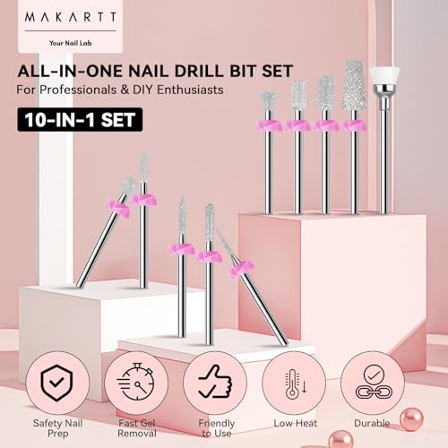 Makartt Nail Drill Bits:10Pcs Dimond Sanding Bit Sets for Nail Drill E-File,Upgraded Cuticle Cleaner Nail Bit Kit Tool Bits for Acrylic Nail Art Tools Nails Manicure Nail Prep,Nail Salon Home DIY Use