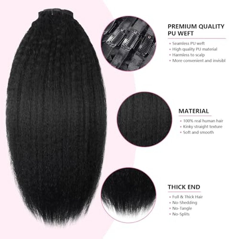 Seamless Clip In Hair Extensions Human Hair Kinky Straight 22inch 120g 8pcs Seamless Clip Ins For Black Women Real Human Hair Extensions Full Head kinky clip ins Invisible Pu Skin Weft Natural Black