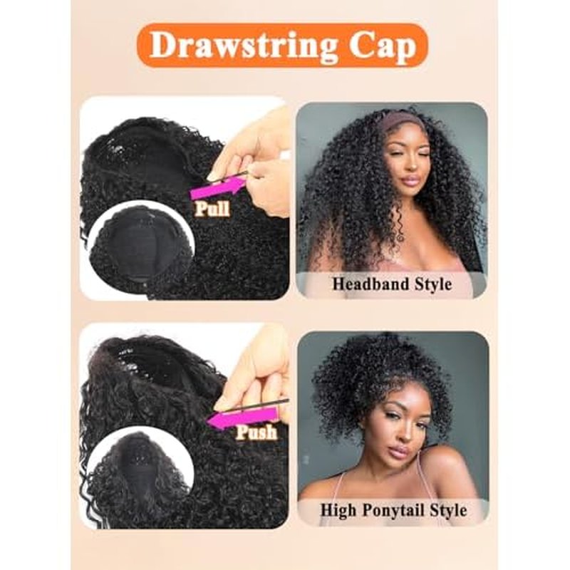 Kinky Curly Half Wig Human Hair 3 In 1 Glueless Wigs Seamless Flip Over with Drawstring Curly Half Wig Human Hair for Women Invisible Hairline Wear Go Beginner Friendly Natural Black 18 Inch