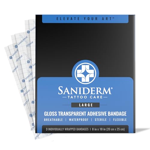 Saniderm Tattoo Aftercare Bandage 3 Sheets (Large Pack, 8 in x 10 in) ? Convenient, Faster Tattoo Healing and Protection ? Sterile, Waterproof, and Latex-Free