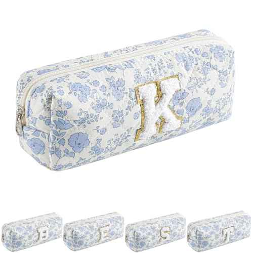 JOVAKIT Small Alphabet Makeup Bag Cosmetic Bag for Women, Christmas Gifts for Girls, Floral Flowers Coquette Travel Toiletry Bag, Zipper Make Up Pouch Organizer Bag Trendy Stuff (Blue Floral K)
