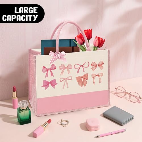 Bow Tote Bag Coquette Pink Bow Preppy Makeup Bag Set Cute Aesthetic Pink Bow Canvas Reusable Grocery Shopping Bag