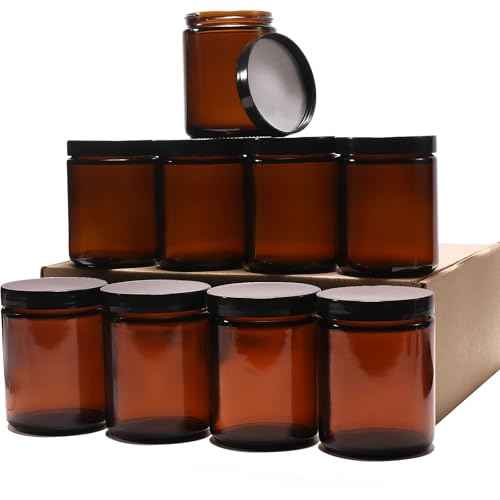 9 Pack Amber Glass Jars, 8 Oz Thick Amber Round Glass Jars, with Black Lids& Inner Liners, for Spice, Liquid, Sample, Leakproof and Cosmetic,Slime,candle