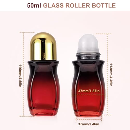 Kesell 2Pcs Glass Roller Bottles 50 ml Gradient Red Roll on Bottle with Plastic Roller Ball and Opener Empty Roller Ball Deodorant Container for Essential Oils, Perfume (Gold Lid)