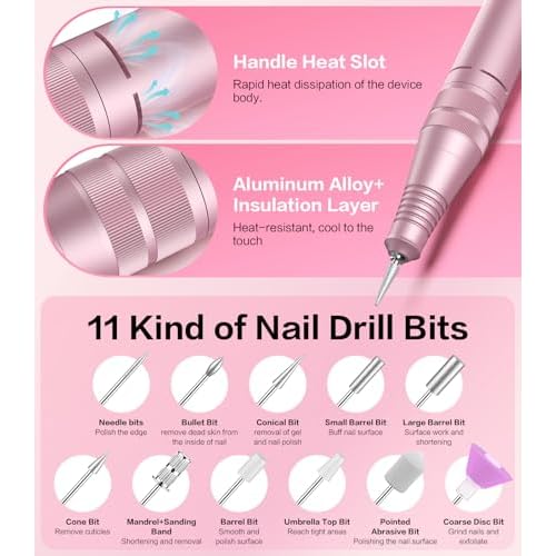 Professional Electric Cordless Nail Drill File with 11 Nail Drill Bits, 35000RPM DIY Glitter e Filer for Nails Kit Machine for Acrylic Nails Gel Polishing for Manicure Salon Home