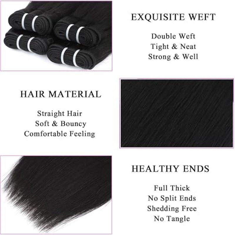 10A Brazilian Virgin Human Hair Extensions - 14-16 Inch Short Straight Hair Bundles - 5 Bundles With Closure - 100% Unprocessed Natural Color - 50g/Pcs