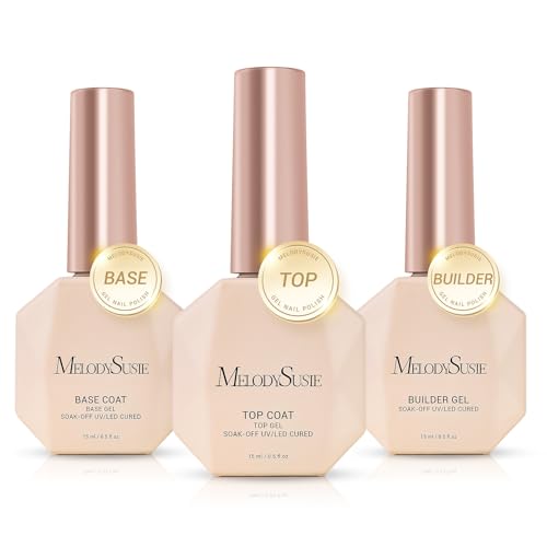 MelodySusie Top Coat Builder Gel Base Coat No Wipe Glossy Set Long Lasting Shine Finish Soak Off UV LED Nail Lamp Nail Polish Art Design Manicure Kit Perfect Gifts for Women Girls 3 Pcs 15ml Clear