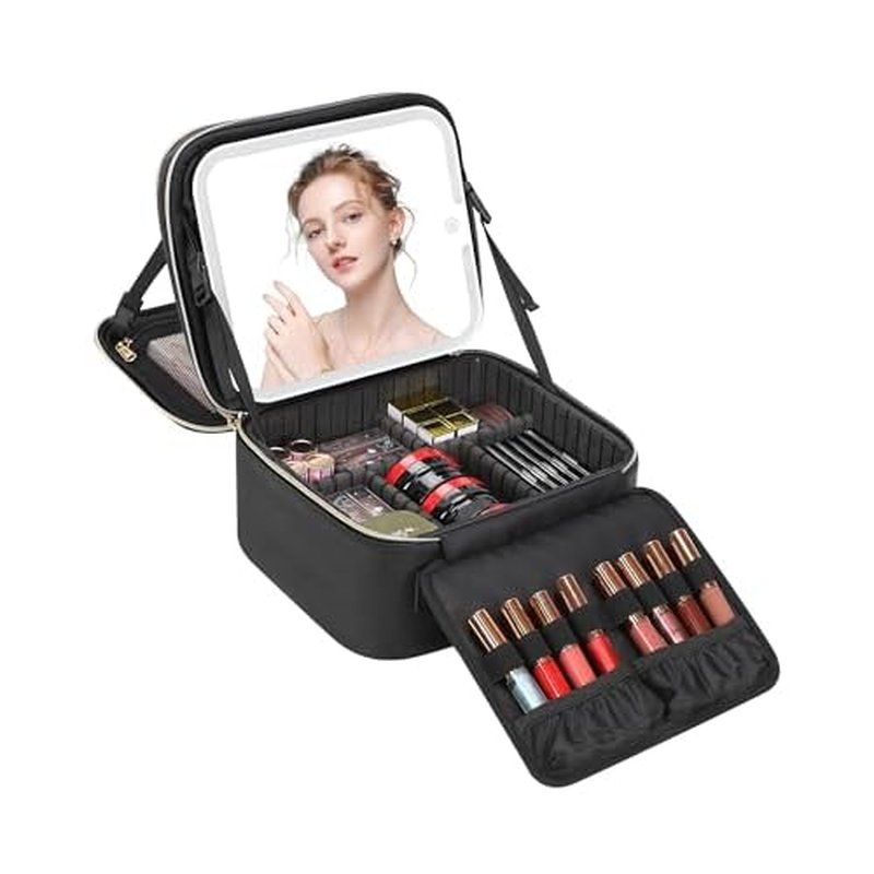 TANTO Travel Makeup Bag with LED Mirror Double Layer Makeup Case with Lighted Mirror Dual Layer Cosmetic Train Case Portable Artist Organizer Bag with Dividers and Rechargeable Vanity (Black, Small)