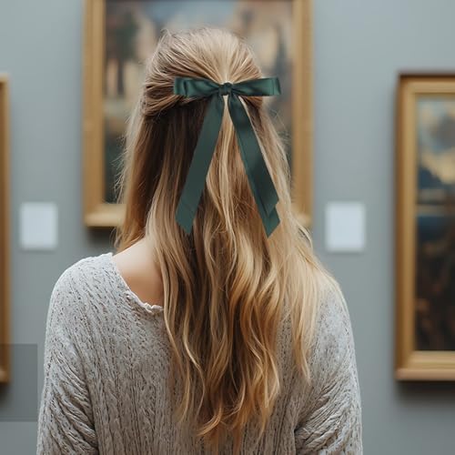Totelux Green Bow Hair Clips Silky Satin Hair Ribbon Ponytail Holder Hair Bows with Long Tail Bowknot Hair Barrette for Women Girls Hair Accessories 2Pcs