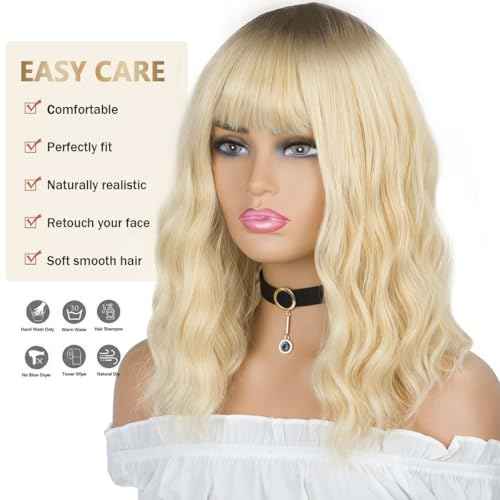 Ombre Blonde Wigs for Women Short Wavy Blonde Wig with Bangs Dark Roots Blonde Wig Medium Length Natural Synthetic Hair for Daily Party&Cosplay