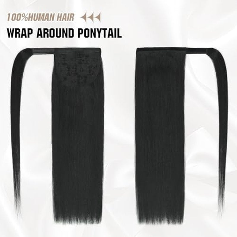 Ponytail Extension Human Hair 20 Inch Natural Black Silky Straight Clip in Pony Tails Hair Extensions Real Hair Wrap Around Ponytail Hair Piece for Girls(20 Inch Natural Black #1B 95G)