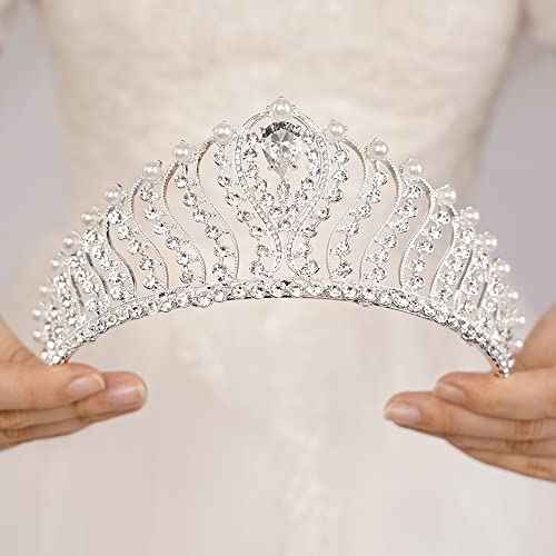 JWICOS Silver Pearl Crown for Women Queen Crown and Tiara for Women Crystal Rhinestone Princess Tiaras Crowns Wedding Hair Accessories for Bride Birthday Party Prom