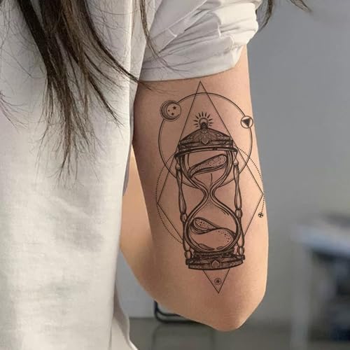 8 Sheets 3D Black Realistic Temporary Tattoos for Men Women Adults, Hand Finger Gun Hourglass Card Queen Tree Design Halloween Fake Half Arm Sleeve Tattoos Stickers Legs Kit Sets