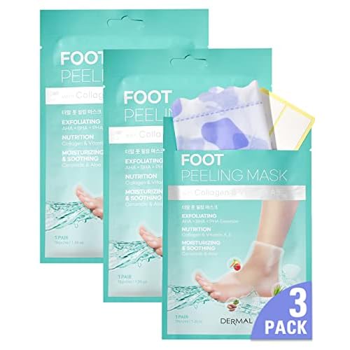 DERMAL KOREA Foot Peeling Mask 3 Pack For Dry Foot And Cracked Heel & Callus With Aloe Vera And Collagen - Exfoliating Peel Mask With Aha, Bha, & Pha And For Moisturizing, Soothing & Refreshing Feet