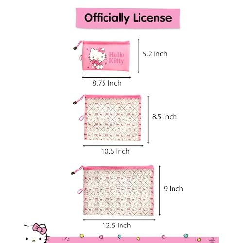 Hello Kitty Travel Pouch 3-Pack Official License, Zipper Pouch Set of 3 in Different Sizes, Makeup Bag