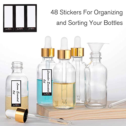 PrettyCare Glass Eye Dropper Bottle 2oz (60ml), 24 Pcs Clear Empty Thick Bottles Bulk with Leakproof Golden Caps - With Labels & Funnels for for Storage, Travel,Essential Oils, DIY Serums, Tincture