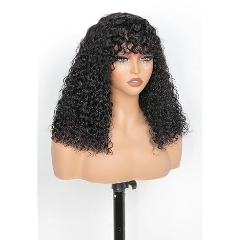 Bob Wig with Bangs Human Hair Water Wave 2x4 HD Lace Closure Front Curly Wigs Human Hair Bang Wig 220 Density Glueless Wear and Go for Beginners 100% Brazilian Human Hair for Black Women 14 Inch
