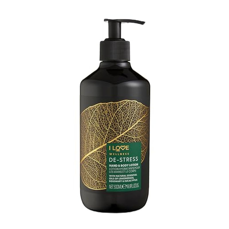 I Love Wellness De-Stress Hand and Body Lotion - Moisturizing Lotion for Dry Skin - Vitamin E Lotion - Lemongrass and Eucalyptus Scent - 16.9 oz