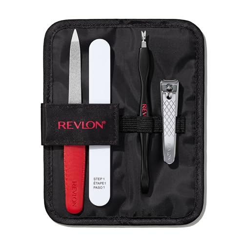 Revlon Manicure Essentials Kit with Travel Case, Nail Care Set with Dual Ended Cuticle Trimmer, Curved Blade Clippers, Compact Emeryl File & Buffer (Pack of 1)