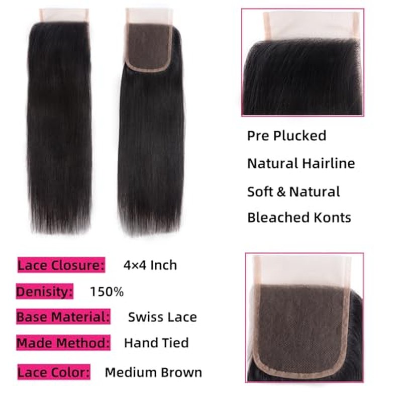 10A Brazilian Virgin Human Hair Extensions - 14-16 Inch Short Straight Hair Bundles - 5 Bundles With Closure - 100% Unprocessed Natural Color - 50g/Pcs