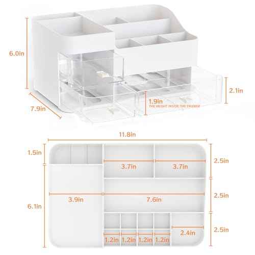 White Makeup Organizer With Drawers,Large Skincare Organizers for Countertop,Desk,Dresser,Plastic Bathroom Counter Organizer for Brush,Palettes,Perfume,Beauty Products Organization,Skin Care Storage