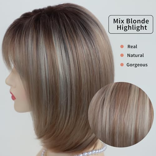 RENERSHOW Layered Blonde Bob Wigs for White Women with Bangs Straight Short Hair Wig Synthetic Ombre Blonde Highlight Bobo Haircuts 12inch Average Size Natural Daily Party Wig
