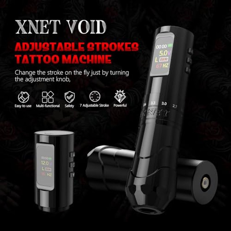 Tattoo Gun Kit, Xnet Void Cordless Tattoo Machine, Rotary Pen Machine 7 Adjustable Strokes with 1800mAh Dual Battery, 20pcs X-ray Mixed Sizes Cartridge Needles for Tattoo Artists