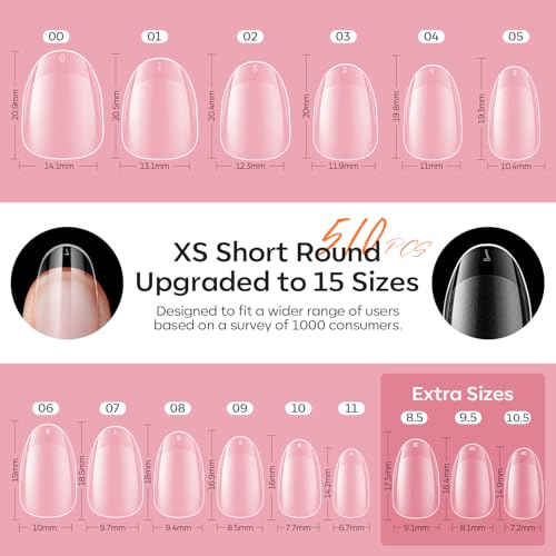 modelones Gel Nail Kit Short Oval Round, Upgrade 510Pcs Fake Nails 15Sizes, 9-in-One Glue Prep Dehydrator & Mini U V Light Clipper, Pre-shaped Half Matte Press on Oval Tips for Extension DIY Salon