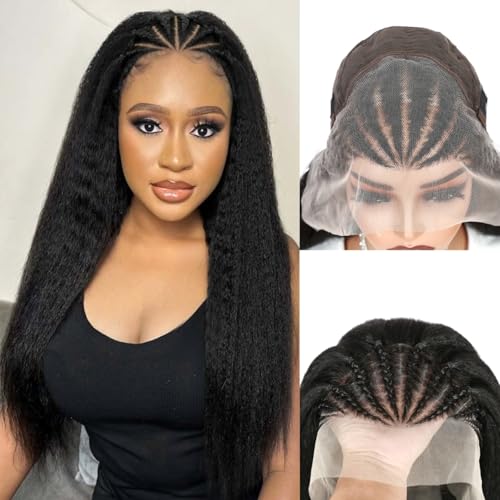 quickwig Kinky Straight Wig Braided Wigs for Black Women Yaki Straight Wig 13x4 Lace Front Braided Wigs 22 Inch Black Glueless Pre Braid Wig Synthetic Handmade Cornrow Braids Wig