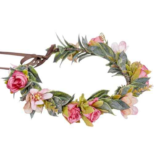 Handmade Fairy Flower Crown - Red Pink Flower Headband with Ribbon Woodland Rose Floral Headpiece for Women Girls Wedding Renaissance Hair Accessories Birthday Party Photo Props