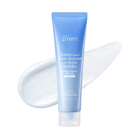 MAKE P:REM Safe Me. Amino Refresh Cleansing Foam, Korean Face Wash, Instant Deep Pore Cleansing, Gentle Exfoliation with BHA & LHA, Korean Skin Care, 5.07 fl.oz. (150mL)