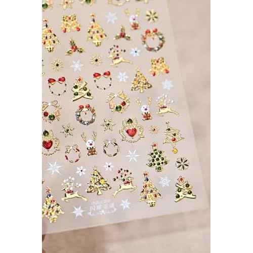 Christmas Nail Art Stickers 5D Embossed Shiny Gold Xmas Tree Nail Stickers Elk Wreath Snowflake Nail Decals for Women Girls Winter Holiday Manicure DIY Nail Supplies