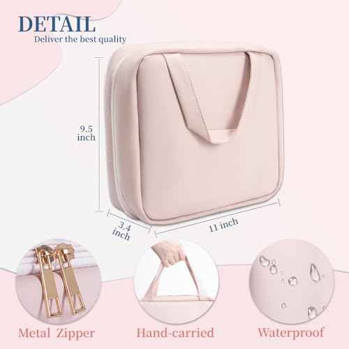 GLINT & GLIDE Travel Makeup Bag with Mirror-Hanging Toiletry Large Capacity, Organizer Toiletries Bag, Portable Cosmetic Case for Women and Girls, Pink