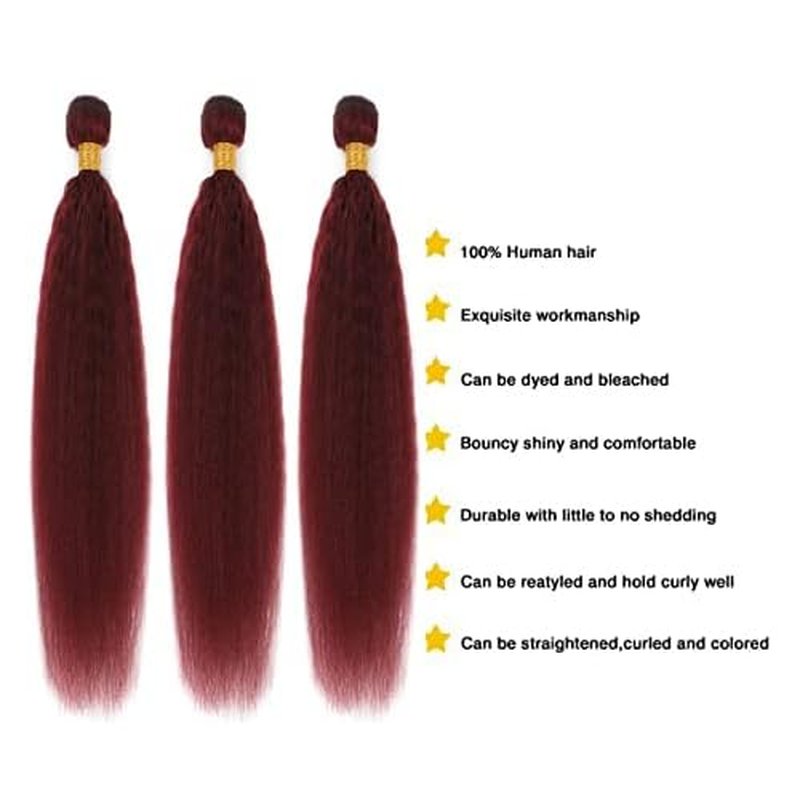 99j Brazilian Yaki Straight Human Hair 4 Bundles Yaki Human Hair Bundles 100% Virgin Kinky Straight Virgin Hair Extensions Women Girl Black Red(12 14 16)