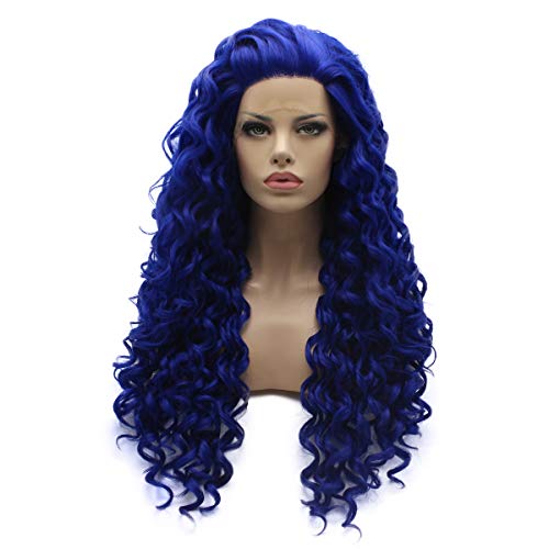 Lushy Long Curly Navy Blue Wig Full Density Half Hand Tied Heat Friendly Synthetic Lace Front Wigs