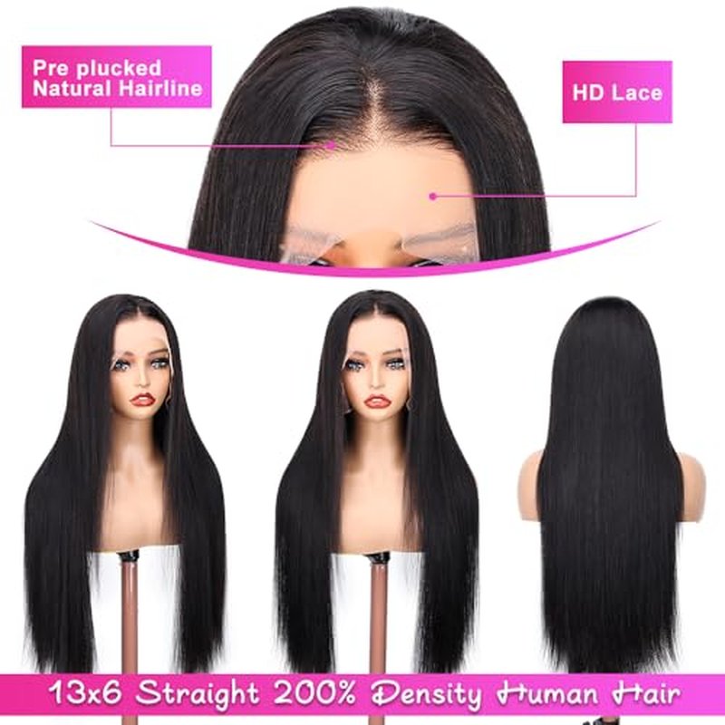 13x6 Straight Lace Front Wigs Human Hair for Women HD Transparent Lace Wigs Human Hair 200% Density Glueless Wigs Human Hair Pre Plucked Natural Hairline 20Inch