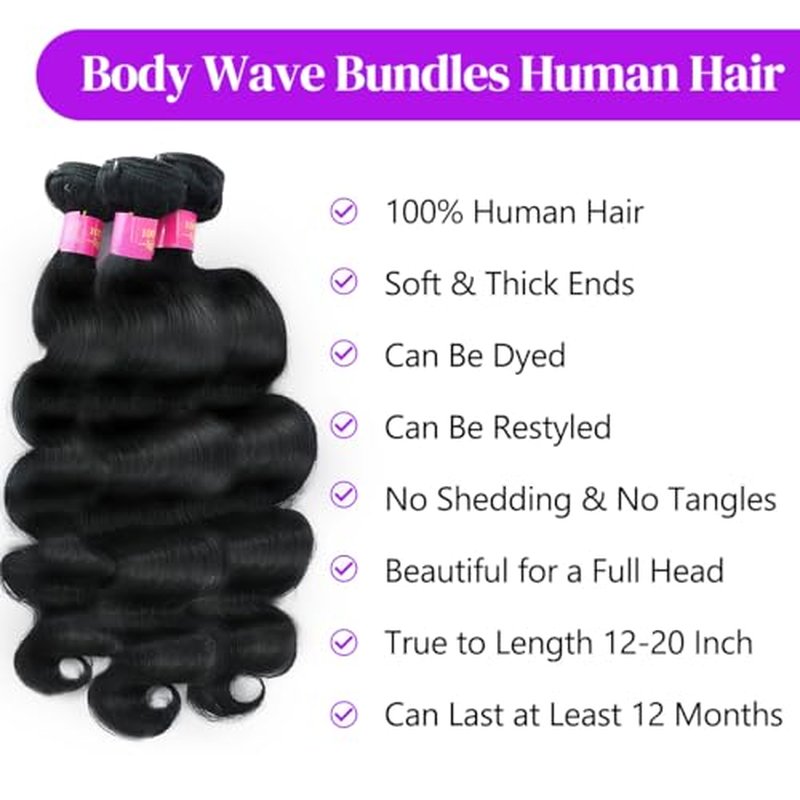 12A Human Hair Bundles 18 20 22 Inch Body Wave 100% Unprocessed Brazilian Virgin Hair 3 Bundles Human Hair Extensions Quick Weave Natural Black