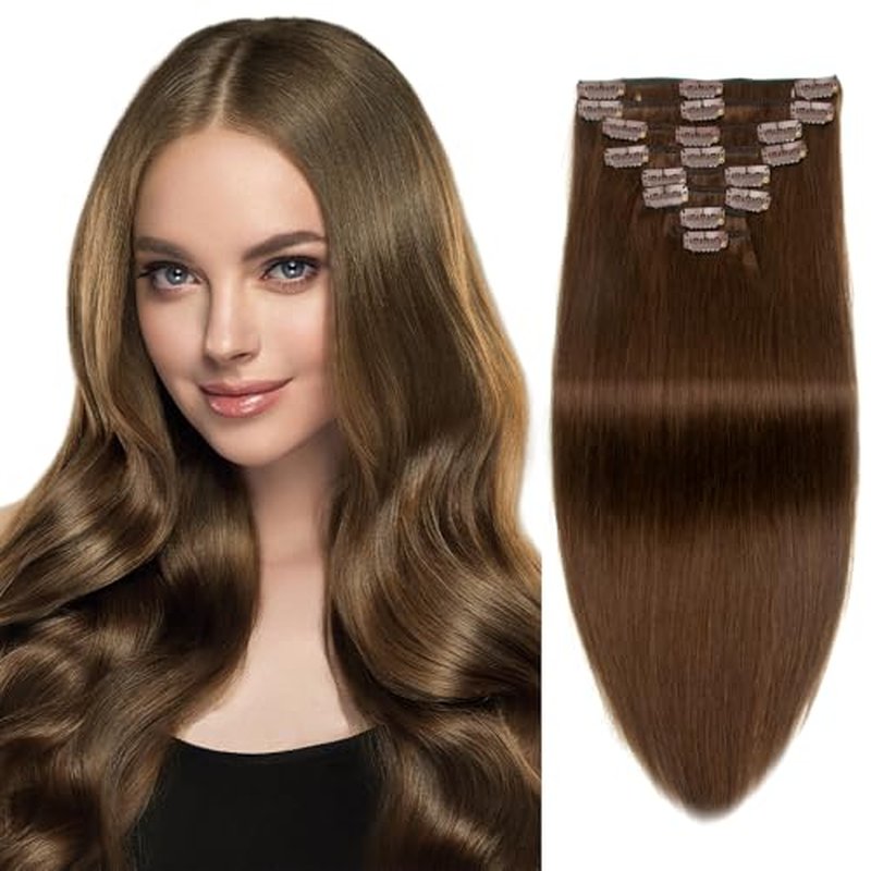 Clip in Hair Extensions Human Hair 100% Brazilian Virgin Human Hair 7pcs Per Set with 16Clips Double Weft (22 Inch 120g, #4 Chotolate Brown)
