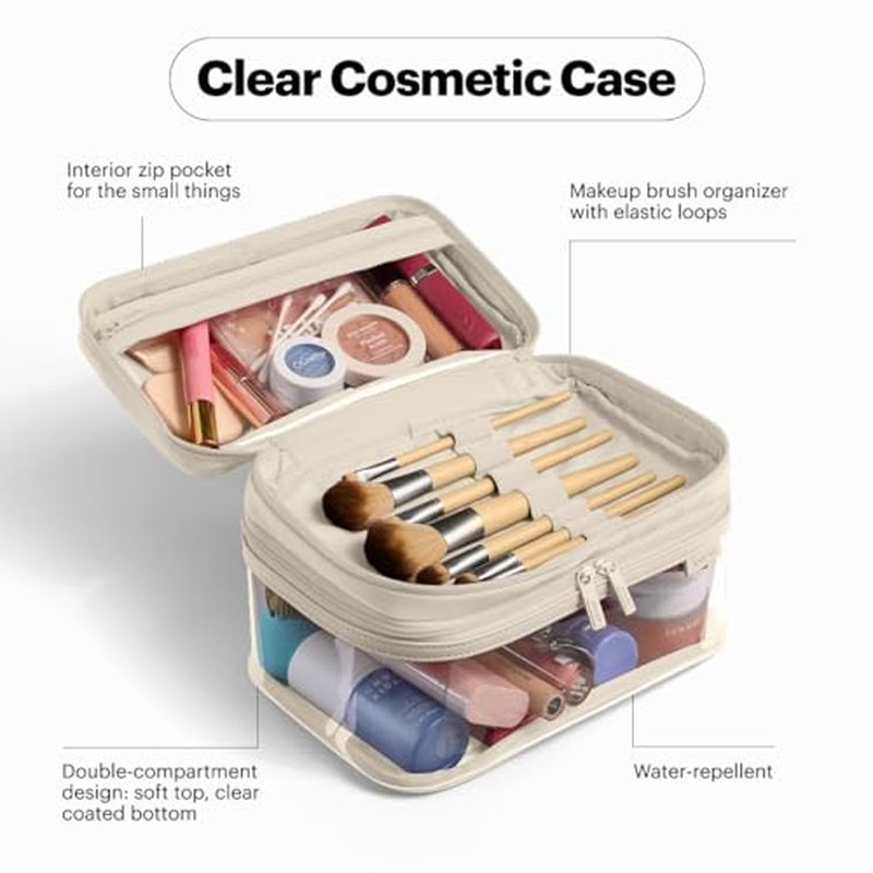 Away Clear Cosmetic Case for Travel, TSA Approved Double Compartment Makeup & Cosmetic Organizer with Leather Handle, Transparent Carry-On Pouch for Toiletries, Brushes & Essentials