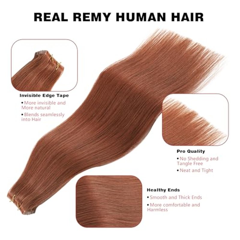 ABH AMAZINGBEAUTY HAIR Invisi Edge Tape in Hair Extensions Real Human Hair, Seamless Injected Hand-Tied Virgin Human Hair Pro Quality Tape ins 20PCS 50G/Pack, Auburn Color #30 20 Inch