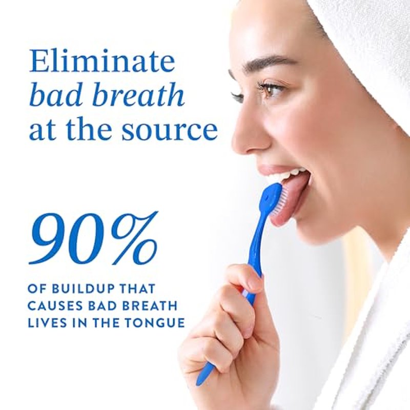 Soft Bristle Tongue Brush for Adults for Bad Breath, Halitosis & Oral Hygiene - Tongue Scraper Brush with Ergonomic Handle & Protective Cap for Easy Storage & Travel - 2 Pack