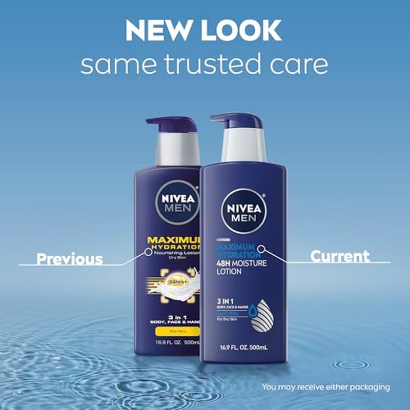 NIVEA MEN Maximum Hydration 48-Hour Moisture Body Lotion for Dry Skin, Aloe Vera Lotion for Men, 3-in-1 Body, Face and Hands, Dermatologically-Tested, 16.9 Fl Oz Bottle