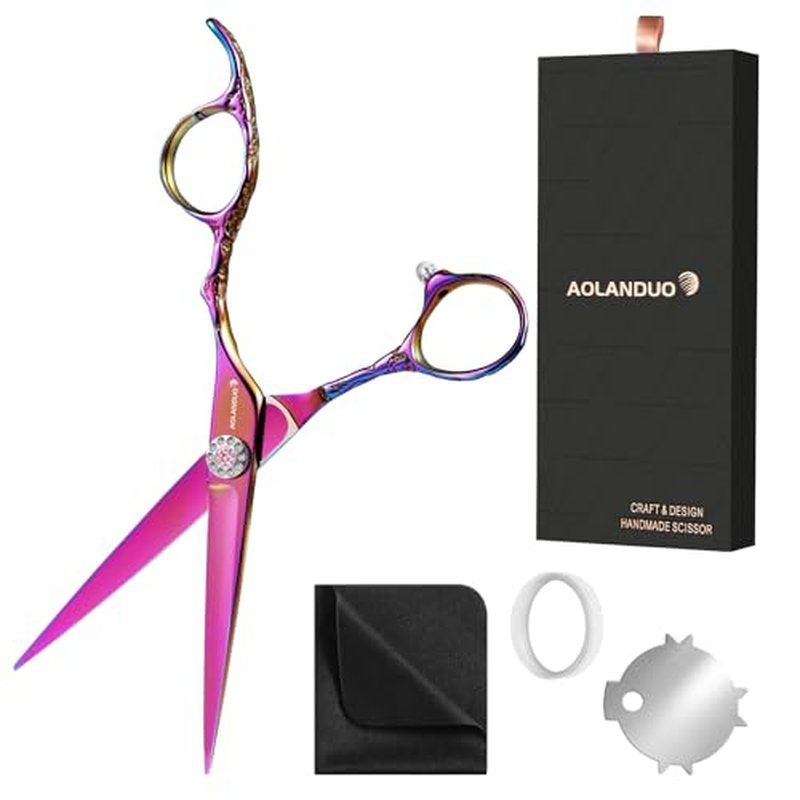 AOLANDUO Pink Professional Hair Scissors - VG10 Steel, Offset Handle, Case, Oil, Cloth - 1 Count, 6 in