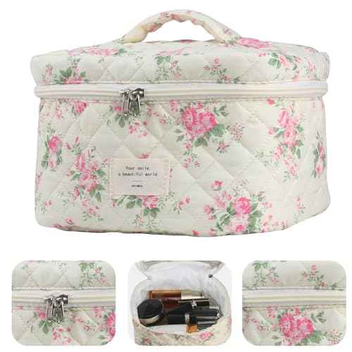 Cute Makeup Bag for Women(3 Pcs), Quilted Floral Coquette Aesthetic Make up Bags, Travel Cosmetic Bags Toiletry Organizer Bag(Pink Flower)