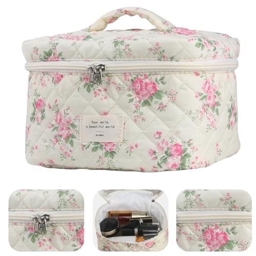 Cute Makeup Bag for Women(2 Pcs), Travel Cosmetic Bags, Quilted Coquette Aesthetic Floral Toiletry Organizer Bag (21 - Pink Flower)
