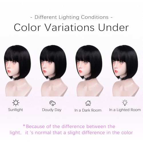 Black Bob Wigs for White Women - 12'' Short Bob Wigs With Bangs Natural Fashion Synthetic Wig Colorful Synthetic Hair for Daily Cosplay Halloween