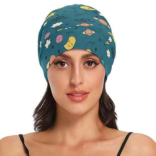 Satin Bonnet Hair Wrap for Sleeping - Lined Sleep Cap for Curly Hair Women & Men - Moon Cloud Dark Green